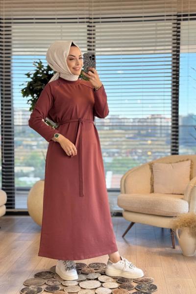 2400 Kolu Etiket Detaylı Elbise Kiremit