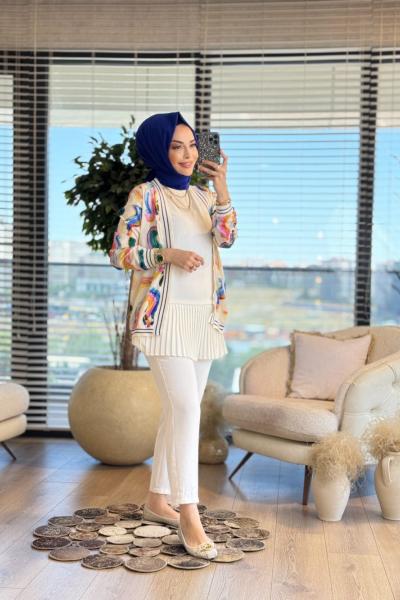 24026 Yaka Manşet Çizgi Ribanalı Desenli Kısa Kap Ekru Saks