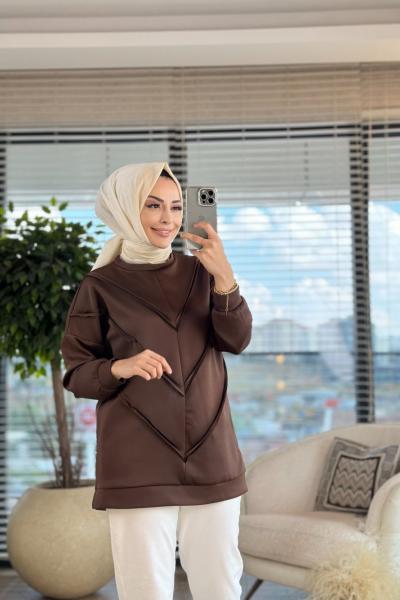 24034 Ön V Dikiş Parçalı Scuba Tunik Kahve