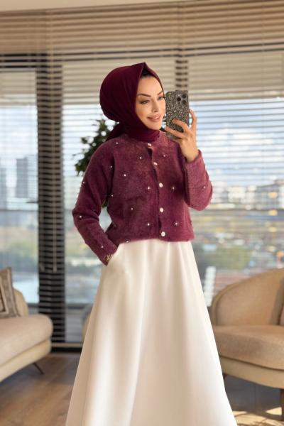 2408 Angora Üstü Taş İşlemeli Hırka Mürdüm