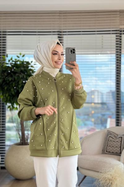 24335 Scuba Ön İnci İşli Fermuarlı Hırka Haki