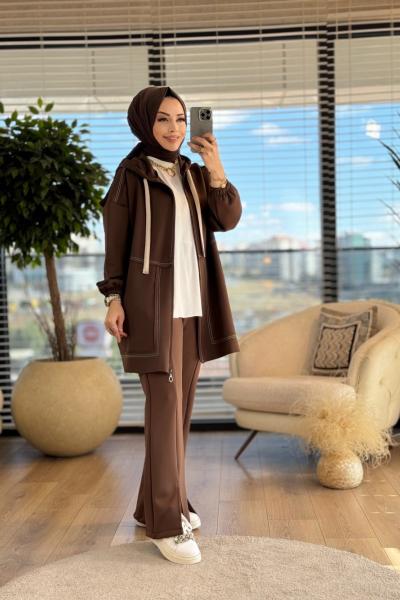 24250 Ön Dikiş Detaylı Ferm.Kapşonlu Tunik Kahve