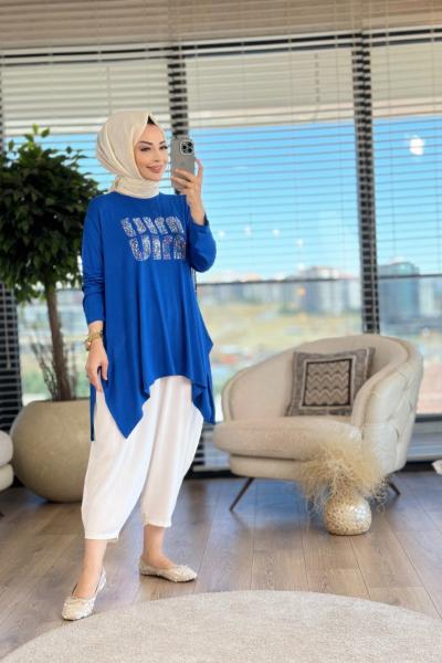 24277 Önü Taş Yazılı Tunik Saks