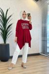 24277 Önü Taş Yazılı Tunik Bordo