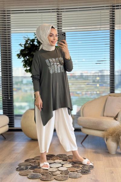 24277 Önü Taş Yazılı Tunik Haki