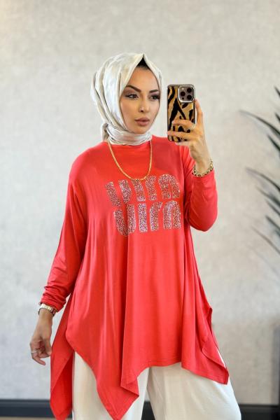 24277 Önü Taş Yazılı Tunik Mercan