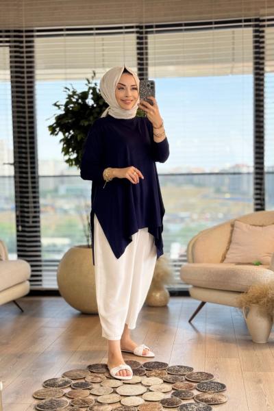 24278 Yanları Yırtmaçlı Penye Tunik Lacivert