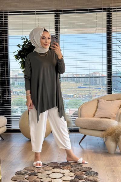 24278 Yanları Yırtmaçlı Penye Tunik Haki