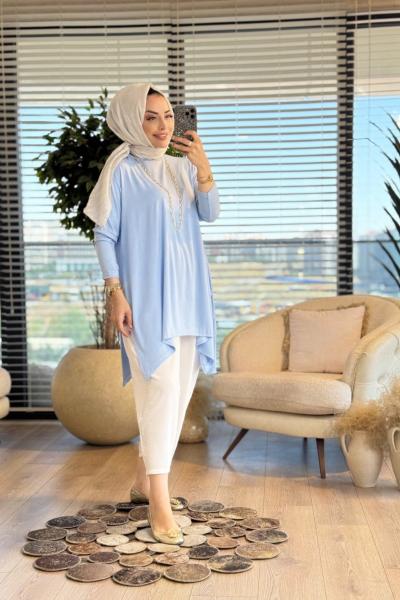 24278 Yanları Yırtmaçlı Penye Tunik Mavi