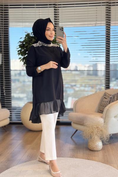 24288 Omuzları İnci Eteği Tüllü Tunik Siyah