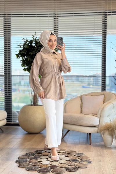 24331 Batik Omuz Parçalı Ön Fermuarlı Kap Bej