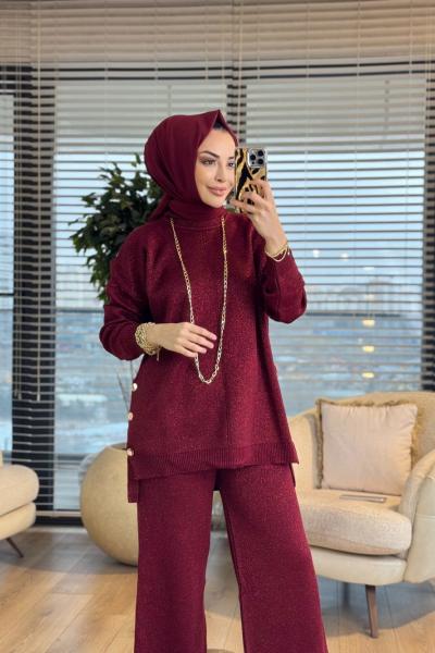 24349 Yanları Düğmeli Simli Triko Takım Bordo
