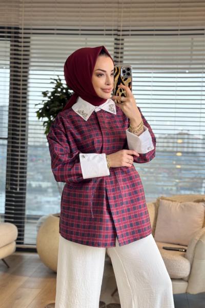 24397-5 Kareli Yakası Taş İşlemeli Gömlek Bordo