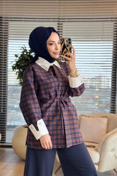24397-5 Kareli Yakası Taş İşlemeli Gömlek Lacivert