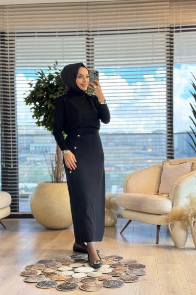 244 Omuz Apoletli Reglankol Triko Etekli Takım Siyah