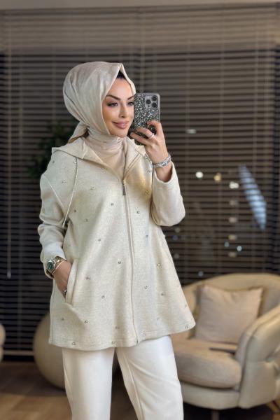 2444 Triko Üst Serpme Taşlı Kapş.Fermuarlı Ceket Bej