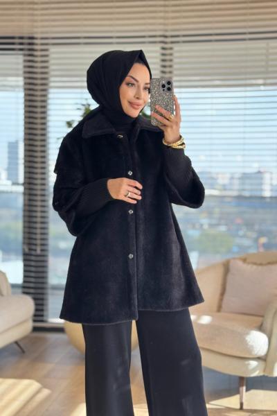 2468 Kolları İnci Düğmeli Peluş Kaban Siyah