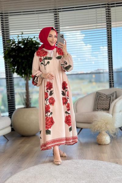 24EL056 Yakası Püsküllü Gül Desenli Elbise Bej