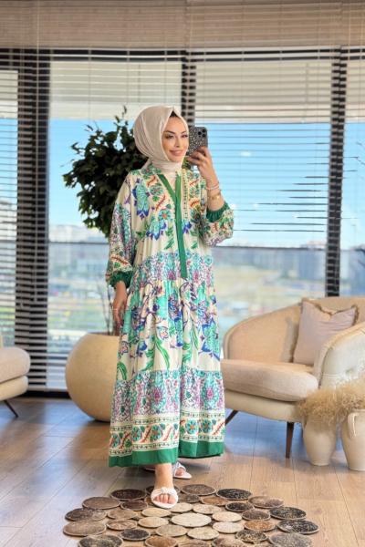 24EL078 Büyük Çiçek Desenli V Yaka Elbise Yeşil