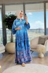 24EL239 Batik Etek Ucu Şal Desen Elbise Lacivert
