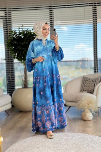 24EL239 Batik Etek Ucu Şal Desen Elbise Lacivert