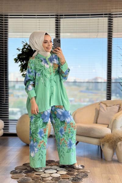 24TK567 Büyük Çiçek Desenli Takım Çağla