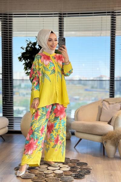24TK567 Büyük Çiçek Desenli Takım Sarı
