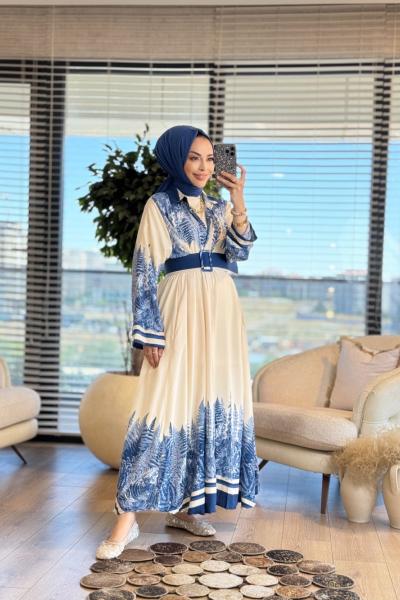 24TN438 Omuz Ve Etek Ucu Ağaç Desenli Düğmeli Elbise Lacivert