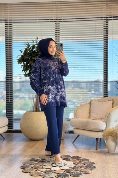 25001 Varak Baskılı Angora Tunik Lacivert