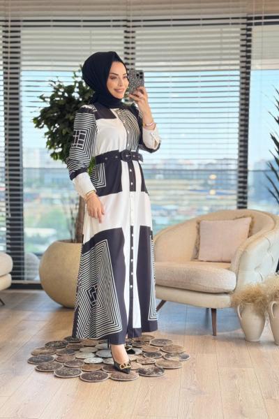 2502 Geometrik Desenli Elbise Siyah