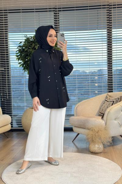 2502008 Seul Kalp Desen Nakışlı Gömlek Siyah