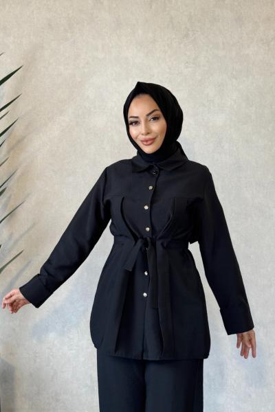 250337 Beli Kuşaklı Şık Pantolonlu Takım Siyah