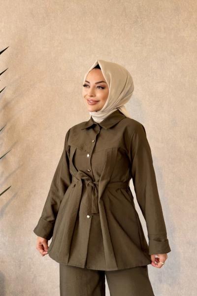 250337 Beli Kuşaklı Şık Pantolonlu Takım Haki