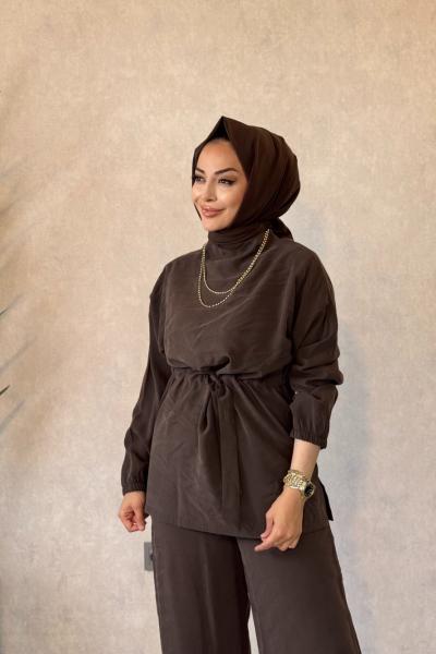 250364 Bağcıklı Şık Modern Pantolon Takım Kahve