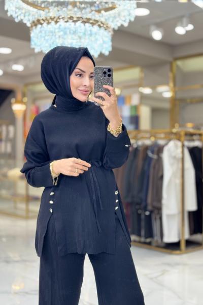 25111 Yırtmacı Düğmeli Triko Pantolonlu Takım Siyah