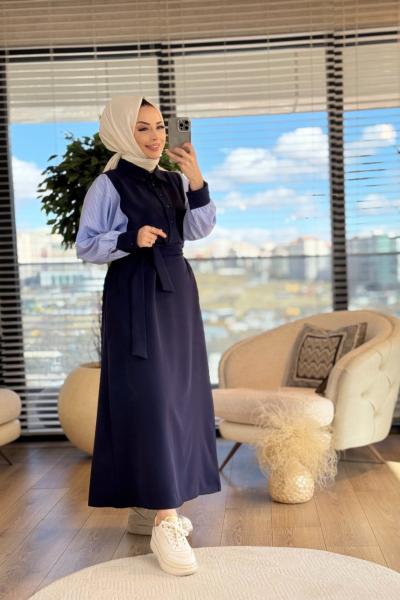 25114 Kolları Çizgili Elbise Lacivert