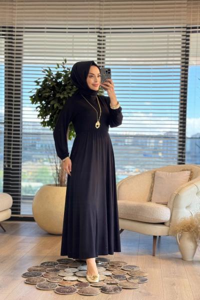 25119 Beli Lastikli Penye Elbise Siyah