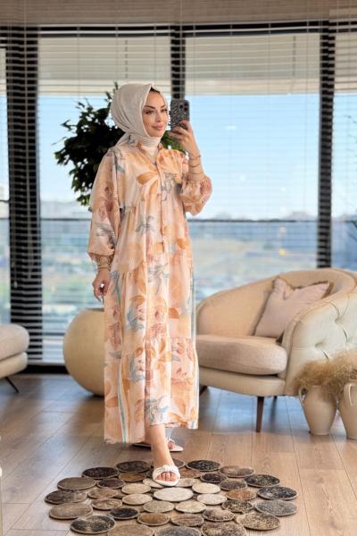 2512-1 Desenli V Yaka Patı Dügmeli Elbise Hardal