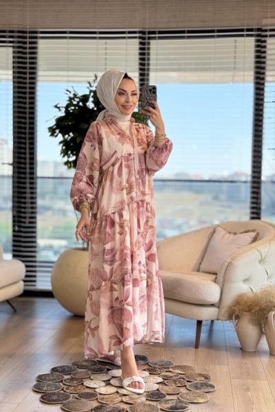 2512-1 Desenli V Yaka Patı Dügmeli Elbise Gül