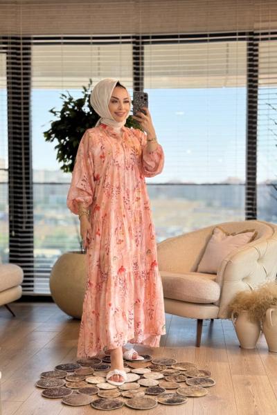 2512-2 Zeytin Dalı Desenli Elbise Pudra