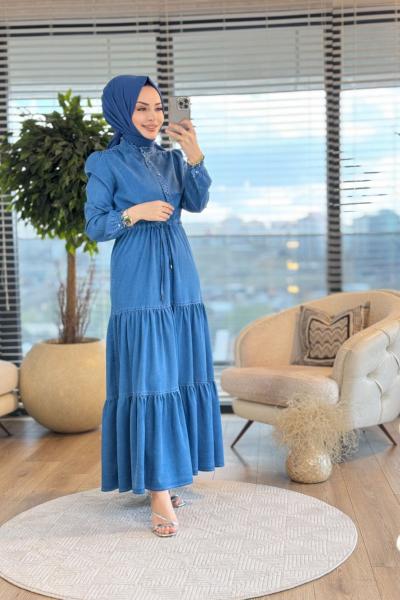 2513 Fırfırlı Kot Elbise Mavi