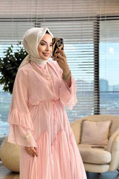 25133 Şifon Kol Ve Etek Ucu Fırfırlı Elbise Pembe