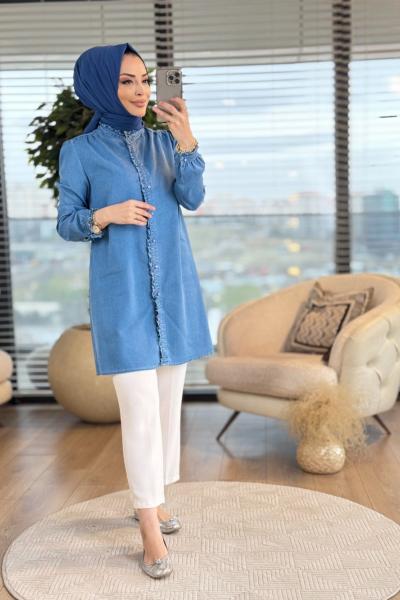 2514 Tencel Fırfırlı Tunik Mavi