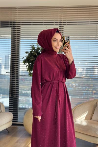 25196 Taş Detaylı Triko Elbise Bordo