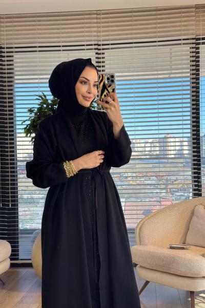 25204 Hırkalı İçi Taş Baskılı İkili Takım Siyah