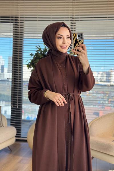 25204 Hırkalı İçi Taş Baskılı İkili Takım Kahve