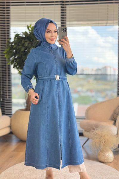 2536 Hakim Yaka Fermuarlı Kot Kap Mavi