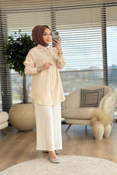 2543 Patı Brode Şeritli Şeritli Gömlek Bej