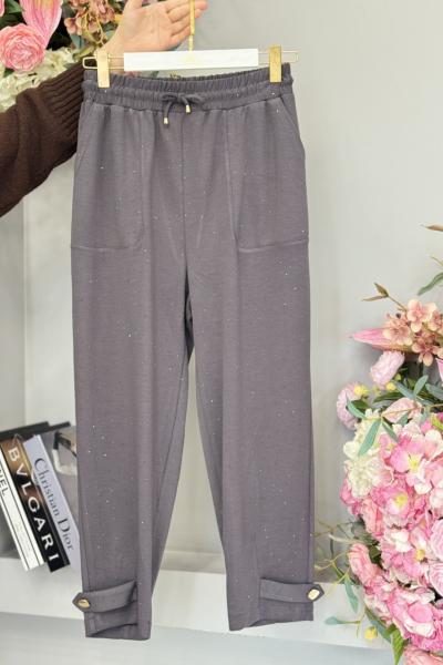 25535 Üstü Taş Baskılı Paça Düğmeli Pantolon Antrasit