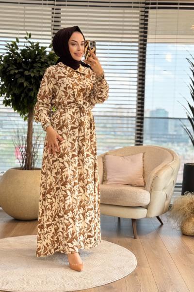 25609 Leila Desenli Elbise Kahve